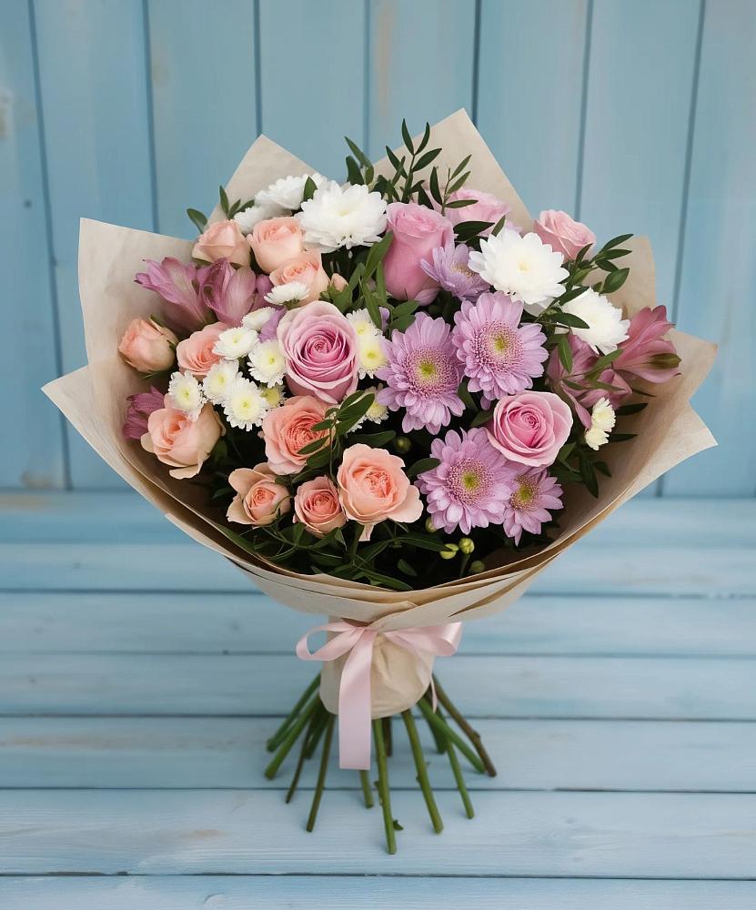 Букет цветов из: Хризантемы, Розы и Альстромерии в Гольёво