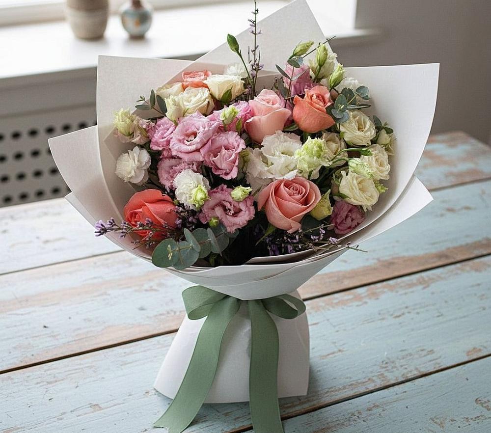 Букет цветов из: Розы, Лизиантусы и Гвоздики в Гольёво