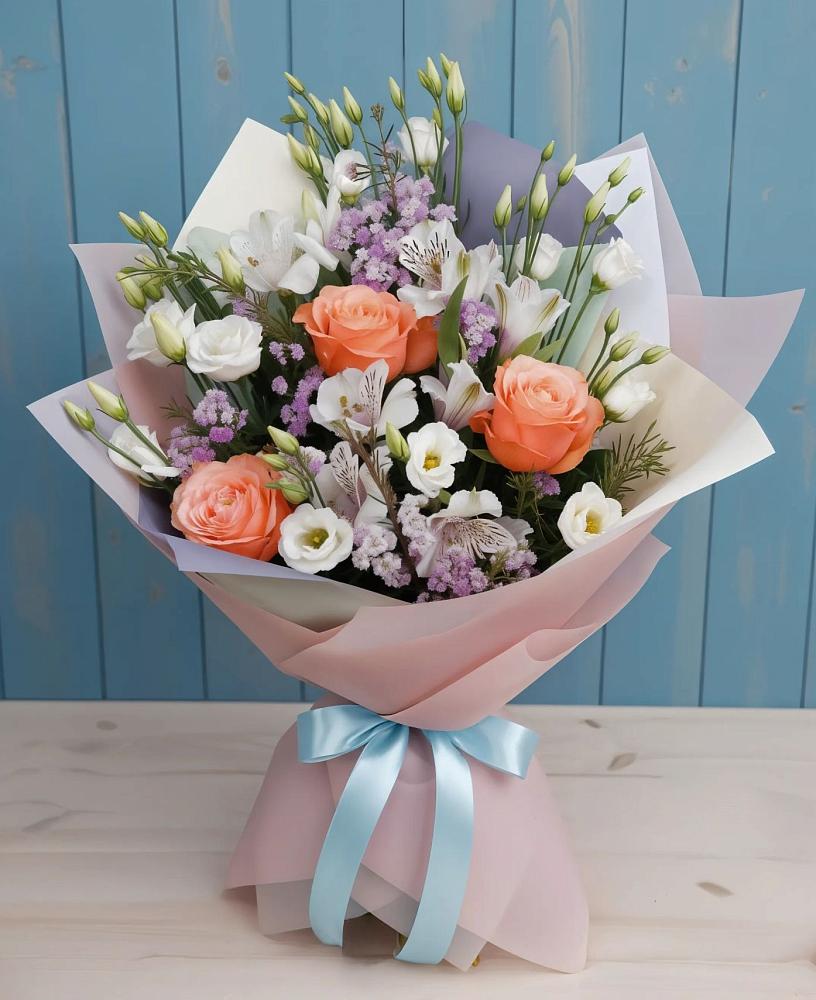 Букет цветов из: Лизиантусы, Розы, Альстромерии и Гипсофила в Гольёво