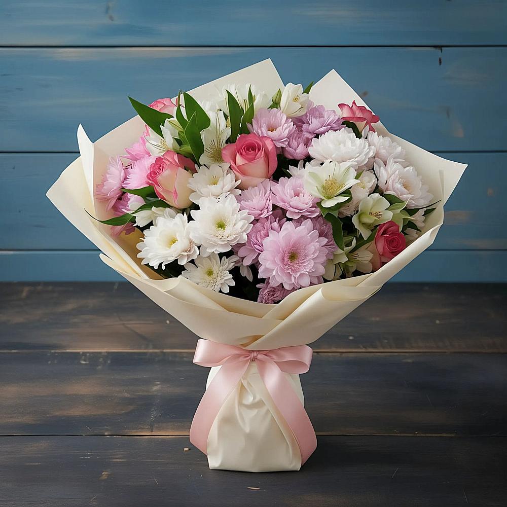 Букет цветов из: Хризантемы, Альстромерии и Розы в Гольёво